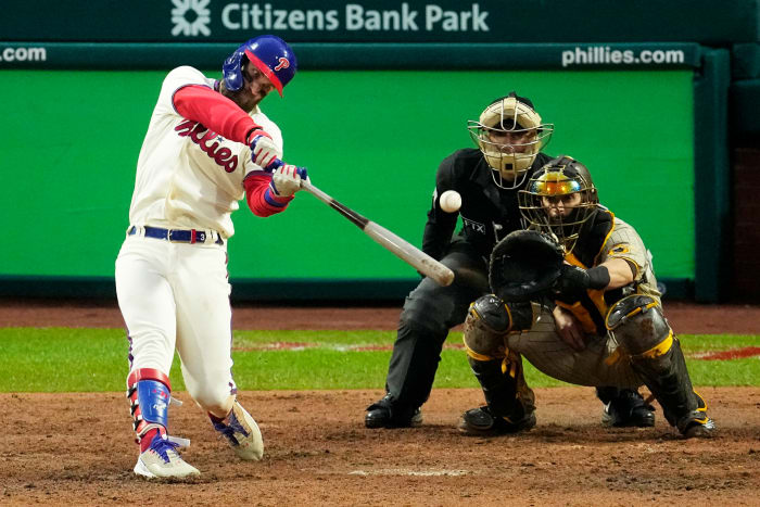 Phillies slugger Bryce Harper hits a pennant-winning two-run home run.